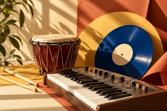 Keyboard, håndtromme og en blå vinylplade